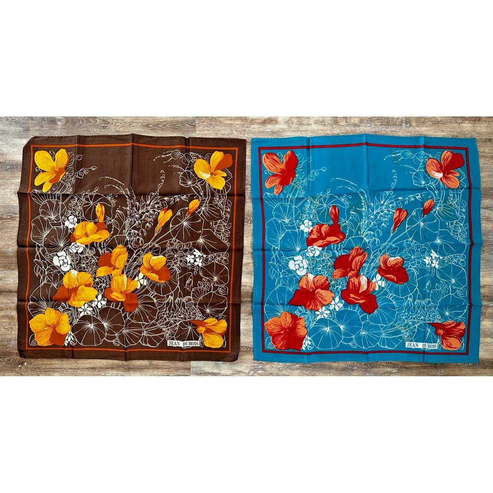 Vintage Jean Dubois Scarf Floral Brown Blue Acetate Square Set of 2